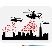 1Bag Banksy Helicopters and Hearts Painting Stencil with Plastic Paint Brush 8.3x11.7 Reusable Helicopters Pattern Template