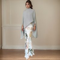 Retro Floral Print Two Piece Set Fashion O Neck Batwing Sleeves Irregular Clipping Solid Color Stand Collar Blouses Tops Suits