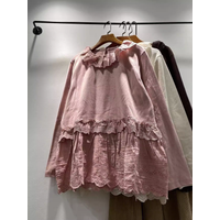 100% Pure Cotton Pink Beige Coffee Lace Patchwork Shirts Blouses with Ruffles for Women Winter Sweet Pullover Long Sleeve Tops