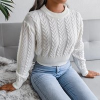 Pull court en tricot torsadé pour femme, pull à manches longues, col rond, uni, automne hiver, tricot épais et chaud, tenue décontractée