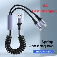 2-in-1 6A Fast Charging Spring Data Cable Retractable USB A To Type C Cable For iPhone Samsung Xiaomi USB C Charger Cord