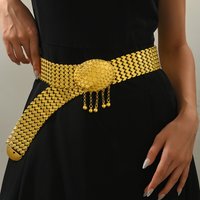 Gold - Tone Wide Chain Belt With Ornate Buckle And Dangling Bead Tassels, Fashion Waist Belt for Dresses Elegant Party Accessory
