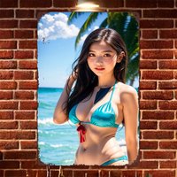 2026 Tin Sign Vintage Asian Girl in Teal Bikini at Tropical Beach Metal Wall Art Retro Decor for Home Bar Cafe