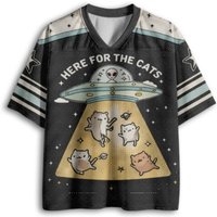 V Neck Football Jersey Cute UFO Alien Abduct Cats Star Space Print Black Cream Mint Striped Sleeve Loose Sport Tee