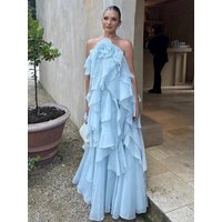 Sexy Ruffles Long Dress Women Flower Backless Sleeveless Solid Party Beach Dresses Female 2026 Summer Lady Multi Layers Robes