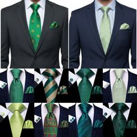 Hi-Tie Mens Gift Tie Set Green Solid Striped Silk Wedding Tie For Men Fashion Design Quality Tie Hanky Cufflink Set Dropshipping