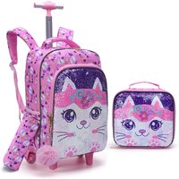 3PCS set Rolling Backpack For Girls, Cute Cartoon Cat Sequin Wheeled Bookbag For Elementary Students, With Lunch Box And Pen Bag