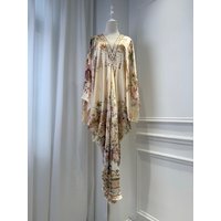 Floral Print Women Crystal Beaded Robe 100% Silk V-Neck Batwing Sleeve High Waist Fashion Loose Maxi Dress