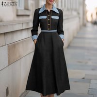 2026 ZANZEA Fashion Spring Shirt Dress Women Patchwork Dresses Elegant Lapel Neck Long Sleeve Work Sundress Female Holiday Robe