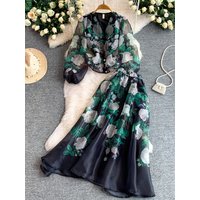 Retro Romantic Rose Print V-Neck Shirt High Waist Slimming Beautiful Mesh Long Skirt Holiday Two-Piece Set Women's Fashion