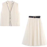 Spring Women Fashion Casual Set Sleeveless Pleated Top Belted Pleated Skirt Two Piece Outfit Limited Stock