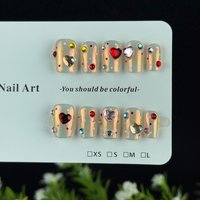 10pcs high-end Cute girl style, hand-painted three-dimensional colorful heart, sparkling point diamond handmade fake nails