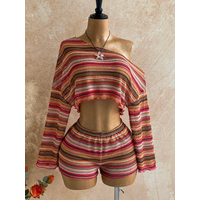 Colorful Striped Knitted Set for Women One-Shoulder Long Sleeve Cover-Up Top High Waist Shorts Casual Summer Outfit