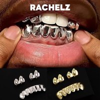 RACHELZ DIY Glossy Teeth Grillz Hip Hop Gold Silver Color Top Bottom Tooth Caps For Women Men Jewelry Halloween Cosplay Gift