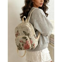 Vintage Roses & Butterfly Print Women Fashion Backpack Corduroy Multi-pocket Large Capacity Commuter Bag