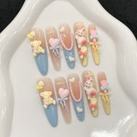 10pcs Cute Bear Rabbit Press On Nails Blue Yellow Macaron French Tip Handmade Fake Nails Blush Long Almond Bowknots False Nail