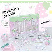 Kawaii Strawberry Stationery Kit - Creamy Polka Dot Retractable Gel Pens Set for School Notebook