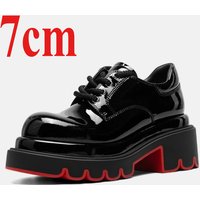 Genuine Leather Handmade Thick Soled Shoes Women's Increase 7cm Black/Red Banquet High Heels British Street Casual Cowhide Shoes