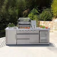 Outdoor Kitchen with Roof Cover Weather-Resistant BBQ Cabinet Set Stainless Steel Garden Kitchen Island with Grill Station
