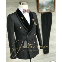 Men's Black Jacquard Two Piece Suit with Double Breasted Design and Velvet Lapel Slim Fit Formal Wear for Wedding Groomsmen Part
