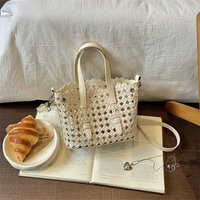 Summer Hollow Woven Mini Tote Bag Women Removable Crossbody Strap Handbag Multi-color Solid Leather Weave Casual Beach Purse