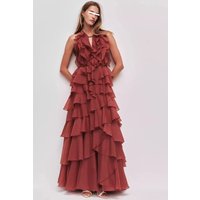 Red Sleeveless Neck Hanging Long Fairy Skirt Women's Multi-layered Gauze Evening Dress High Waist Ball Gown Elegant City Commute