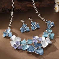 Cring Coco Enamel Big Blue Flower Jewelry Set Fashion Popular Jewelry Necklace Set Earring for Women Mom New Year Christmas Gift