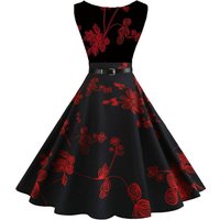 Summer Women Dresses Casual Floral Printed Sleeveless High Waist Retro Vintage Party Dress With Belt