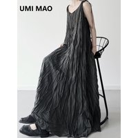 UMI MAO Small Niche Design With Irregular Pleats V-neck Camisole Dress Summer Slimming Effect Hanging Large Swing Long Skirt