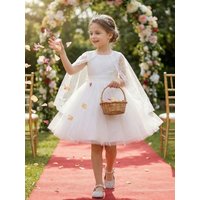 White Formal Wedding Gown for Tween Girls, Elegant Silk Dress with Delicate Net Embroidery Matching Lightweight Gauze Shawl