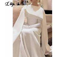 Lily White Satin Prom Dresses Off the Shoulder Full Sleeve Gala Dress Straight Saudi Arabic Simple Evening Party Gown Customized