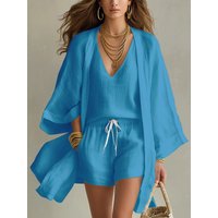 Thickened fabric Western style summer new arrival cotton linen mid-length cardigan sleeveless vest shorts lounge pants 3-piece s