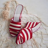 Red Stripe Canvas Wedge Slippers Ladies Summer Classy Open Toe Fabric Mules Women Pull On Big Size Concise Nifty Party Shoes