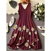 2026 New Boho Daisy Print Women Sleeveless V Neck Maxi Dress Soft Flowy Swing Long Dress Summer Holiday Robes