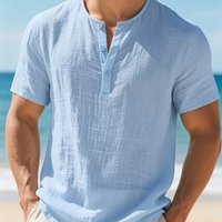 Men's Cotton Linen Henley Short Sleeve T Shirt Lightweight Breathable Solid Color Casual Loose Fit Summer Beach Vacation Top