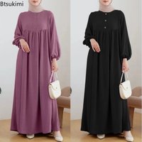 Casual Puffed Sleeve Maxi Dresses for Women Simple Loose Solid Muslim Dresses Fashion Kaftan Turkey Dubai Robe Elegant Vestidos