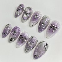 24pcs Y2k Purple Smudging False Nails Silver Stripes Metal Bowknots Decor Press On Nails Punk Style Almond Spicy Girl Fake Nail