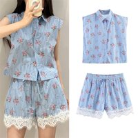 Women's Suit 2026 Summer New Blue Striped Print Sleeveless Shirt with Lace Decorative Shorts Set Beach Vacation Casual Personal