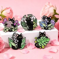 Black Cat & Floral Enamel Brooch Set Cute Animal Lapel Pin Backpack Badge Jewelry Gift