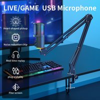 USB Podcast Microphone, PC Computer Condenser Microphone Plug & Play Mic Kit with Boom Arm Stand, 16MM Large Diaphragm,