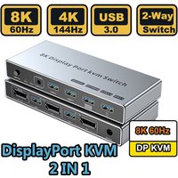 Displayport KVM Switch 2 in 1 out 8K@60Hz 4K@144Hz DP1.4 KVM USB3.0 Switch with 4 USB Port for 2 PC Share Monitor Keyboard Mouse