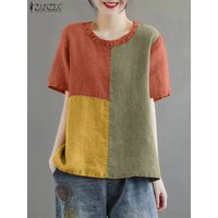 ZANZEA Women Patchwork Blouse 2024 Summer Short Sleeve Tunics Fashion Round Neck Shirts Casual Loose Holiday Cotton Linen Tops