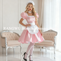 Pink Maid Dress With Apron Square Satin Evening Dress Short Sleeve Mini Lace Frilly Formal Party Customized
