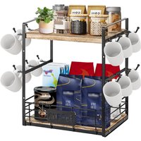 12-Mug Heavy-Duty Wood & Steel 2-Tier Coffee Bar Station with Countertop Organizer - Space-Saving Kitchen Storage Shelf, Modern Design with Lower Shelf & Upper Display Rack, Easy Assembly for Home,