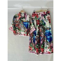 2026 Summer Women's Clothing Retro Printed Lapel Short Shirt Two-piece Set + Loose Large Size Smocked Skirt Fashion Suit