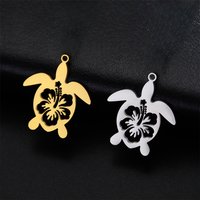 5pcs Hibiscus Flower Pattern Sea Turtle Charms Stainless Steel Tortoise Animals Pendant For Jewelry Making