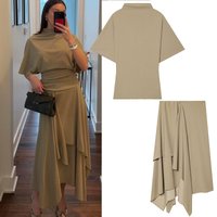 Women's Flowing Midi Waist Skirts Sets New 2026 Spring Summer 2 Piece Loose High-Neck Top+ Asymmetric Skirts Female Outfit