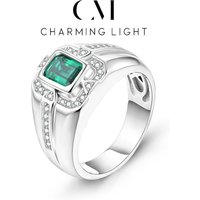 CHARMING Original Green Emerald Ring for Men Faced Cutting Gemtone 925 Sterling Silver Daily Jewelry Birthday Gifts