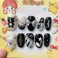 Y2K Retro Dot Star Pearl Bear Short Fake Nail 3D Musical Note Wing Flower Bow Press-On Nails Party Accessories Birthday Gift