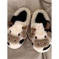 Cow Pattern Plush Slippers Winter Warm Non-slip Cozy Cute Home Slippers for Couples Men